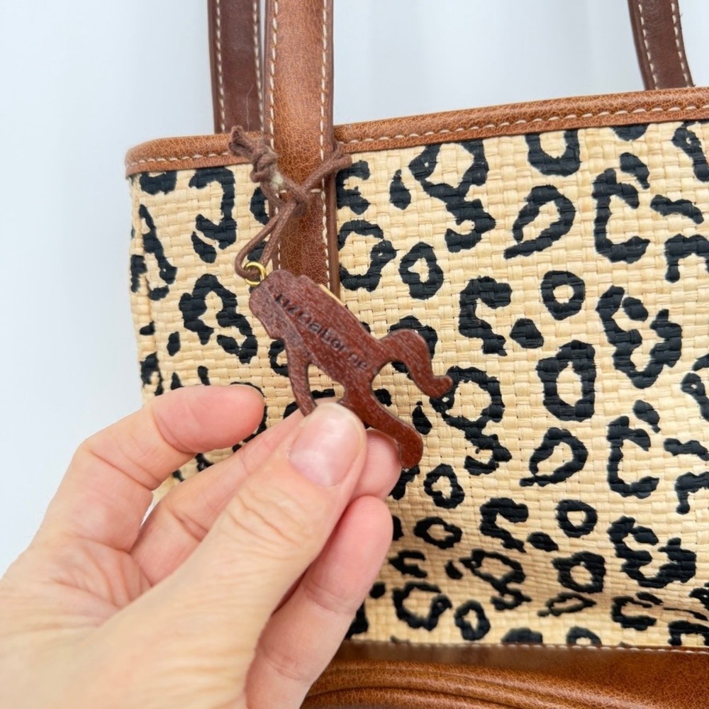 Liz Claiborne Shoulder Bag Leopard Print Straw Woven Brown Tan Small - Picture 4 of 14